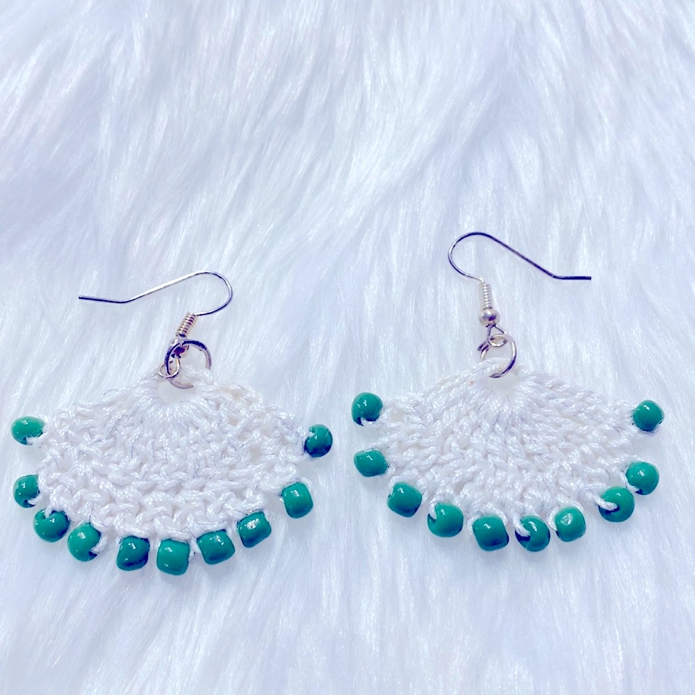 New Handmade Crochet White Fan Ear Dangle With Green Beads Earrings !